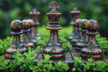 chess pieces on a chessboard among the grass