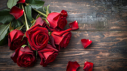 Red rose flowers bouquet on wooden background Valentine's day greeting card Copy space Top view - Image - Powered by Adobe