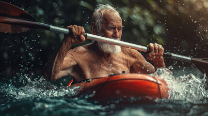 An older man is actively paddling a kayak in the water