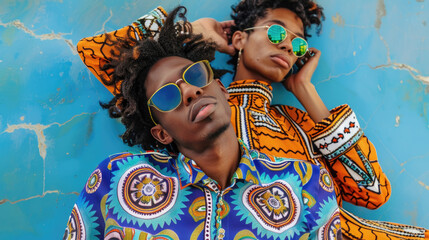 A trendy young man and woman in colorful African print outfits relax confidently with sunglasses on a vivid blue background