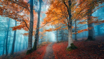 Beautiful mystical forest in blue fog in autumn. Colorful landscape with enchanting trees