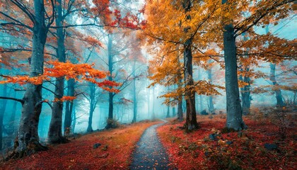 Beautiful mystical forest in blue fog in autumn. Colorful landscape with enchanting trees