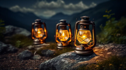 Three vintage lanterns on a rock at night with a mountain landscape in the background - obrazy, fototapety, plakaty