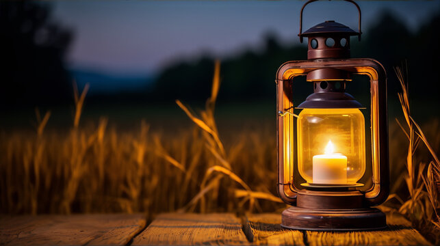 A lantern with a candle is placed on a wooden table in a field of wheat at sunset.