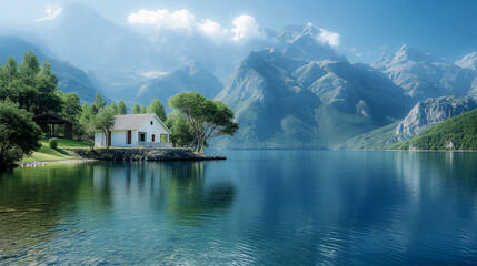 одноэтажный белый дом на берегу озера в горах