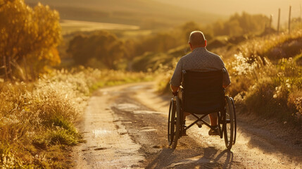 Senior man in a wheelchair navigating along a dusty dirt road