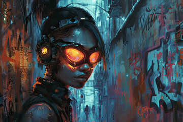 A cybernetic rebel, with glowing cybernetic eyes, standing in a dystopian alley, graffiti-covered walls behind her