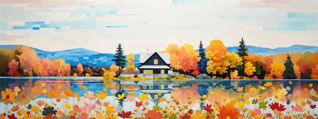 vibrant autumn landscape painting with a house by the lake