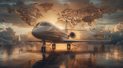 Bottom view illustration of a small jet aircraft against the background of a stylized world map as an association of multi-destination operations