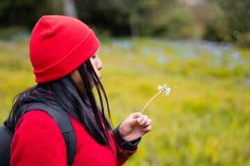 Atractiva mujer Explorando la belleza invernal,Chica con mochila roja admirando las flores amarillas en la sierra,estilo de vida - obrazy, fototapety, plakaty