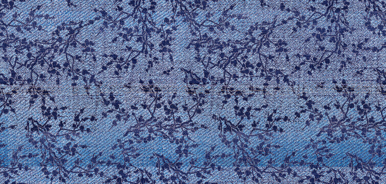 Floral blue navy denim effect flax fiber natural pattern detailed woven linen grunge texture . Organic fibre weave fabric surface material effect style design
