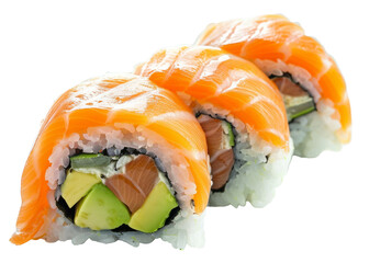 Fresh salmon sushi roll with avocado and rice, cut out - stock png.