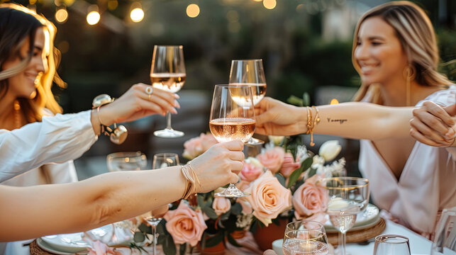 A group of women joyfully toast with wine glasses in celebration and camaraderie