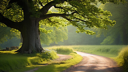 Country road in summer with large tree and green foliage