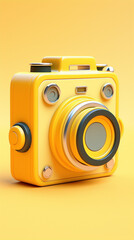 3D render of a yellow camera with a retrofuturistic design on a yellow background.