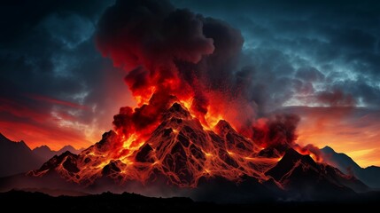 Picture of dangerous living volcano volcanic eruption fiery lava clouds fire magma clouds tragedy natural disaster danger close-up shot natural phenomenon sunset sun sky beautiful landscape realistic - obrazy, fototapety, plakaty