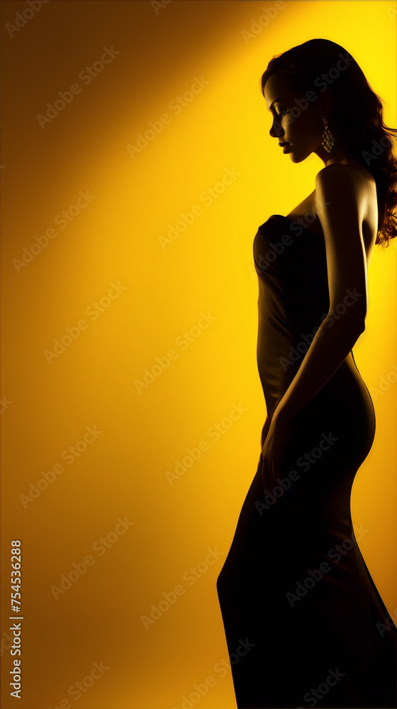 Wall mural Fashion model posing in black dress on yellow background, silhouette of woman in evening gown