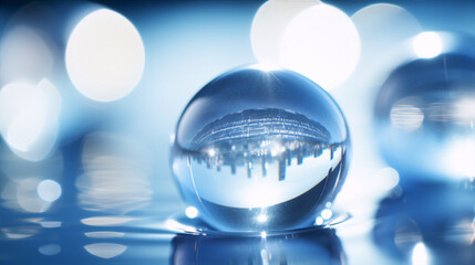 Fototapeta na wymiar 3D illustration of a crystal ball reflecting an abstract cityscape with a blue tint.