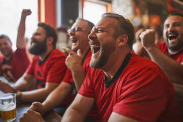 A group of men in red sports jerseys are sitting at the bar laughing and cheering for their team,...