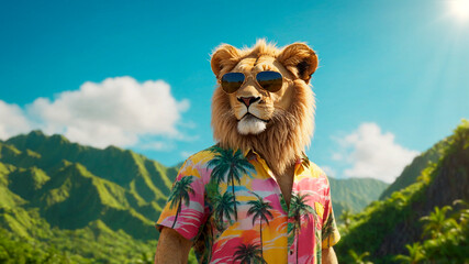 lion posing dressed in flower shirt in spring summer to celebrate the holidays. lion looking cute...