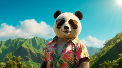 panda bear posing dressed in flower shirt in spring summer to celebrate the holidays. panda bear...