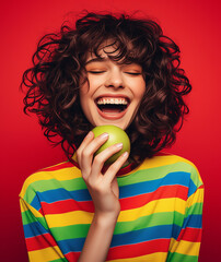 Photo of a young woman with curly hair, smiling and eating an apple in her hand