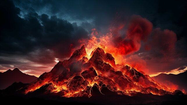 Picture of dangerous living volcano volcanic eruption fiery lava clouds fire magma clouds tragedy natural disaster danger close-up shot natural phenomenon sunset sun sky beautiful landscape realistic