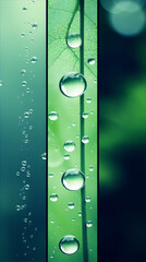 Green bubbles and dew drops on a plant stem with a blurred background in shades of green.