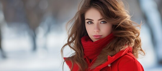 A young beautiful brunette woman wearing a stylish red coat is walking in a snow-covered park. She stands out against the white snow, creating a striking contrast.