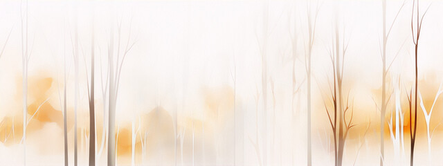 An abstract painting of a forest with white trees and orange leaves in a white background.