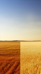 Obraz premium Photography of a golden wheat field split in half with a blue sky