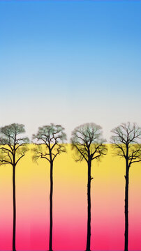 Four black leafless trees in front of a blue and yellow gradient sky and a pink ground.