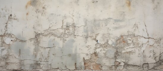 A black and white depiction of an aged wall with peeling paint and smeared plaster. The deteriorating surface adds character and history to the scene.