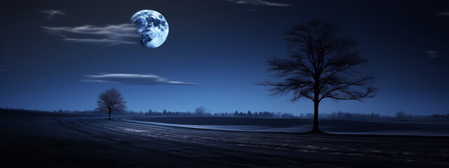 Fototapeta na wymiar Night landscape with a large moon, dark trees, and a field in the foreground.