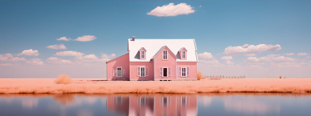 Pink surreal house in the middle of a desert with a lake reflecting the sky - Powered by Adobe