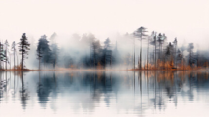 Foggy lake in the morning. Landscape photography of lake and trees in soft pastel colors