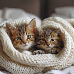 Fototapeta na wymiar Little cute kittens sitting on the bed on a blanket.