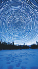 Blue and white concentric circles of stars above snow covered landscape with trees.