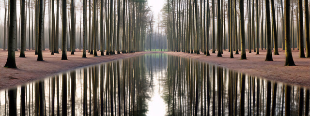 Nature photography of trees and their reflection on water with a hint of surrealism - obrazy, fototapety, plakaty