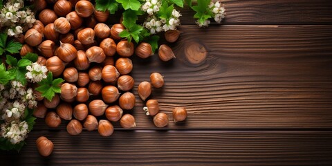 Naklejka premium Hazelnut on wooden table with green leafs. Background of nuts. Food background. Healthy organic food, bio-products. The concept of vegetarian, vegan and raw food.