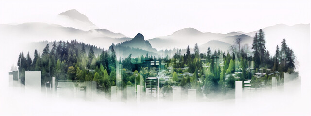 City and nature, green and blue colors, photo manipulation, surrealism, matte painting