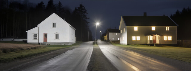 Fototapeta premium houses in the middle of the road at night