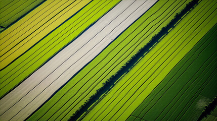 Green and yellow fields from above, divided by white stripes.