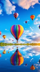Foto op Canvas Hot air balloons floating over a lake with a reflection on the water surface against a backdrop of blue sky and white clouds. © zhor