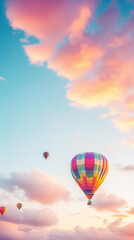 Fototapeta premium Hot air balloons in the sky at sunset in a watercolor painting style with a pink, blue, and purple color palette.