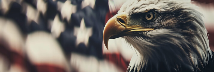 USA patriotic banner with bald eagle in front of the American flag  - obrazy, fototapety, plakaty