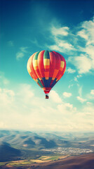 Fototapeta na wymiar Hot air balloon ride over the mountains. Photography. Retro, vintage, faded, soft colors.