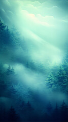 Fototapeta na wymiar Blue and green foggy forest landscape, digital art, soft colors
