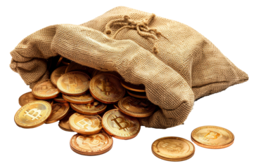 Digital cryptocurrency Bitcoins spilling from burlap bag, cut out - stock png.