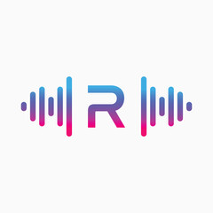 R letter with Pulse music player element. Logo template electronic music, equalizer, store, dj, nightclub, disco. Audio wave logo concept, Multimedia Technology themed, Abstract Shape vector
